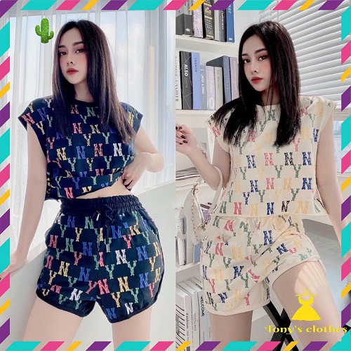 Đồ bộ thun mặc nhà thể thao nữ quần ngắn kiểu đẹp in chữ NY min mát mặc hè
