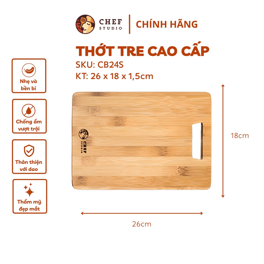 Thớt tre Chef Studio hình chữ nhật 26x18x1.5cm, MSP-CB24S. Cắt, thái rau củ, dùng decor món ăn, bày trí