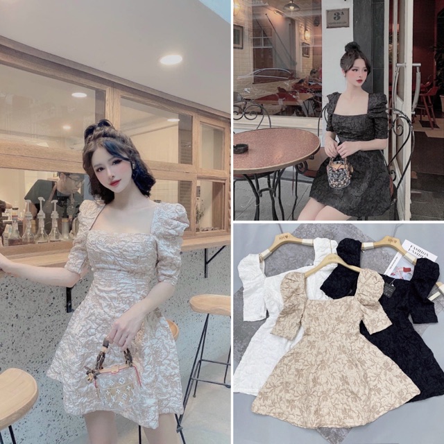 V554 Váy Gấm Xốp Tay Bồng Nhẹ, Đầm Dự Tiệc Cổ Vuông Hoạ Tiết Dập Hoa Nổi Sang Trọng