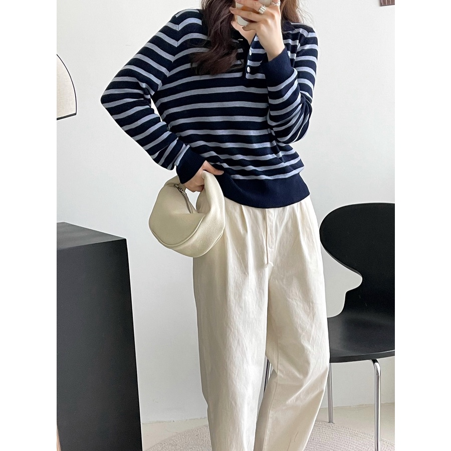 【ZHELIHANGFEI】Áo Len POLO Tay Dài Form Rộng Họa Tiết Sọc Dễ Phối Đồ