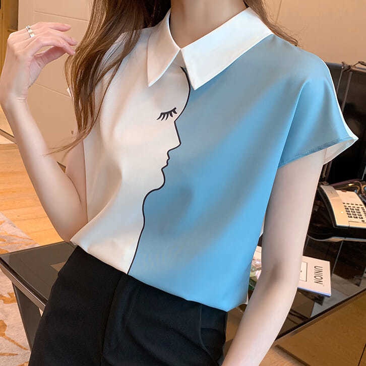 Áo Sơ Mi Chiffon Tay Ngắn Phối Màu Tương Phản Cỡ Lớn Thời Trang Mùa Hè Cho Nữ
