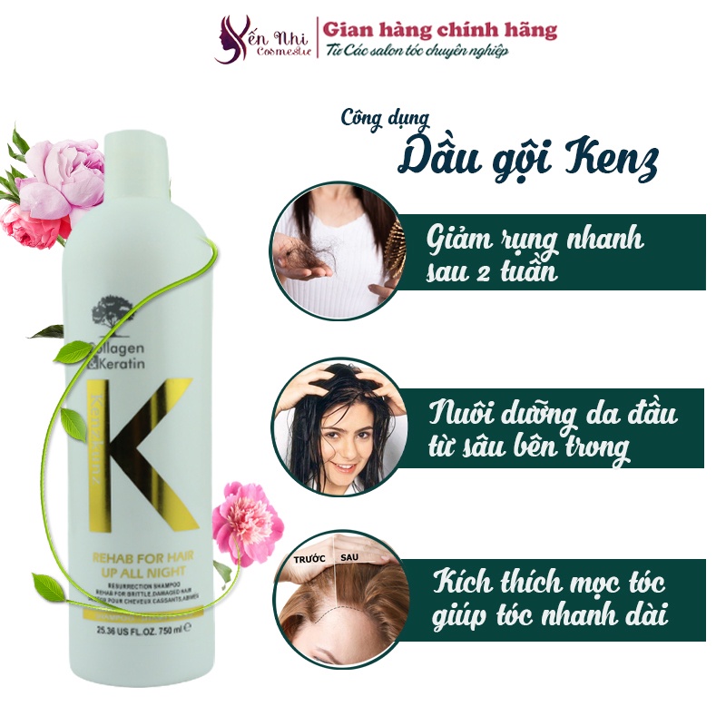 Dầu gội biotin Collagen Kenz phục hồi tóc khô xơ xỉn màu dầu gội dưỡng tóc 750ml, Mỹ phẩm tóc yến nhi DG16