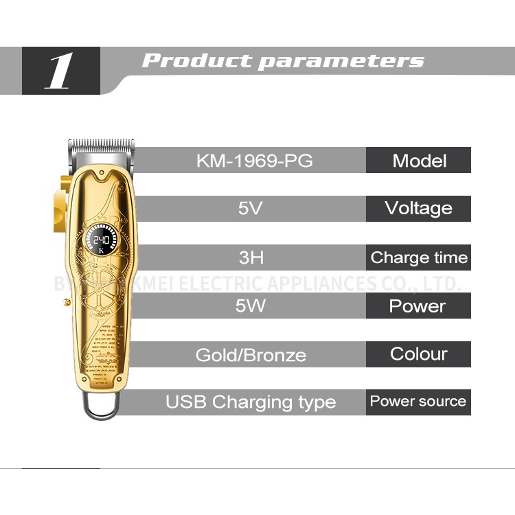Tông đơ cắt tóc không dây cao cấp  Kemei 1969 PG - Lưỡi thép Carbon màn hình LCD