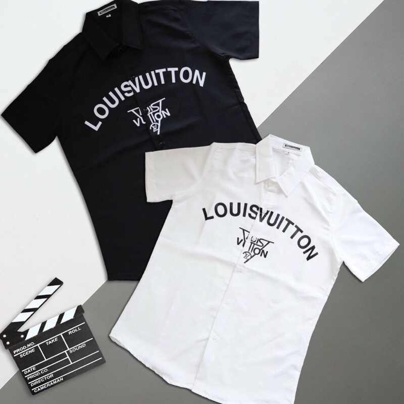 Áo sơ mi nam 3D ngắn tay chất vải lụa kate phối sọc tay in chữ THOMB , LV phong cách thời trang công sở tinh tế