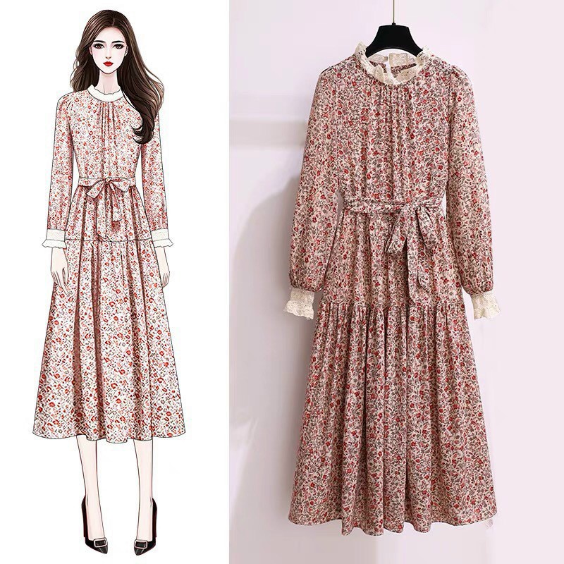 Váy bầu , đầm bầu thu đông thiết kế hoa nhí chất lụa mềm mại vintage - dáng xuông thoải mái kèm đai thắt nơ