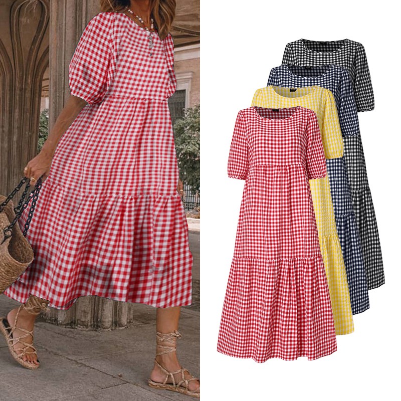 Đầm VONDA Ngắn Tay Họa Tiết Ca Rô Dáng Rộng Thời Trang Cho Nữ | BigBuy360 - bigbuy360.vn