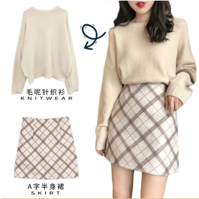 Bộ Áo Sweater Dài Tay + Chân Váy Xinh Xắn Theo Phong Cách Hàn Quốc | BigBuy360 - bigbuy360.vn