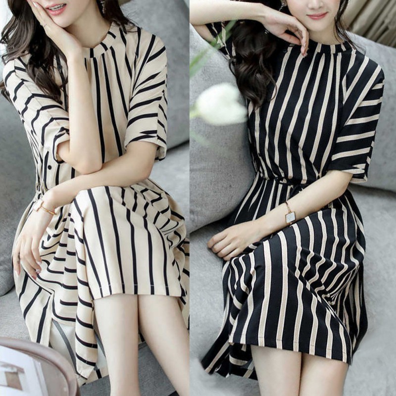 Đầm dáng xòe tay dài họa tiết kẻ sọc kiểu Hàn Quốc cho nữ | BigBuy360 - bigbuy360.vn