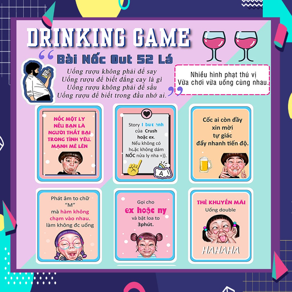 Bộ bài 52 Lá thử thách Drinking Game Nốc out   _Giúp khuấy động các buổi hội họp, tụ tập thêm chếnh choáng