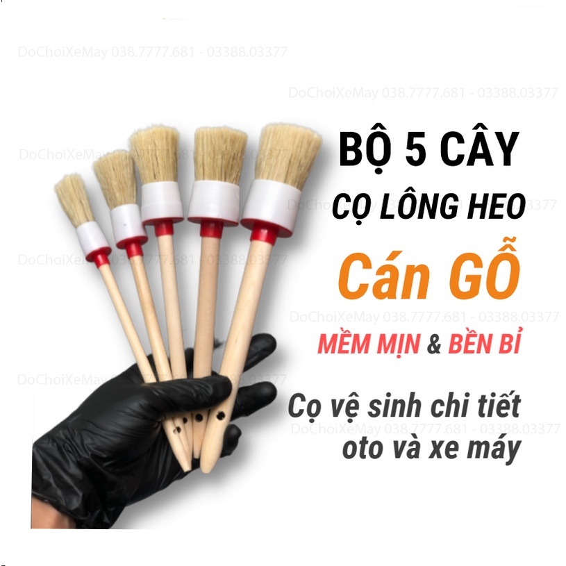 Bộ 5 cây cọ LÔNG HEO cán gỗ vệ sinh chi tiết dành cho oto xe máy rửa xe chi tiết detailing . DoChoiXeMay