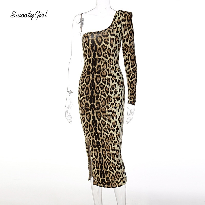 Đầm Midi Tay Dài Ôm Dáng Xẻ Tà In Họa Tiết Da Báo Thời Trang Cho Nữ