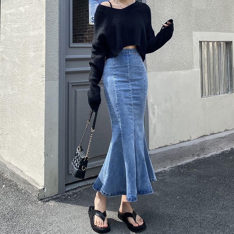 Chân Váy Đuôi Cá Denim Lưng Cao Xẻ Tà Phong Cách Retro Thời Trang Mùa Thu 2022