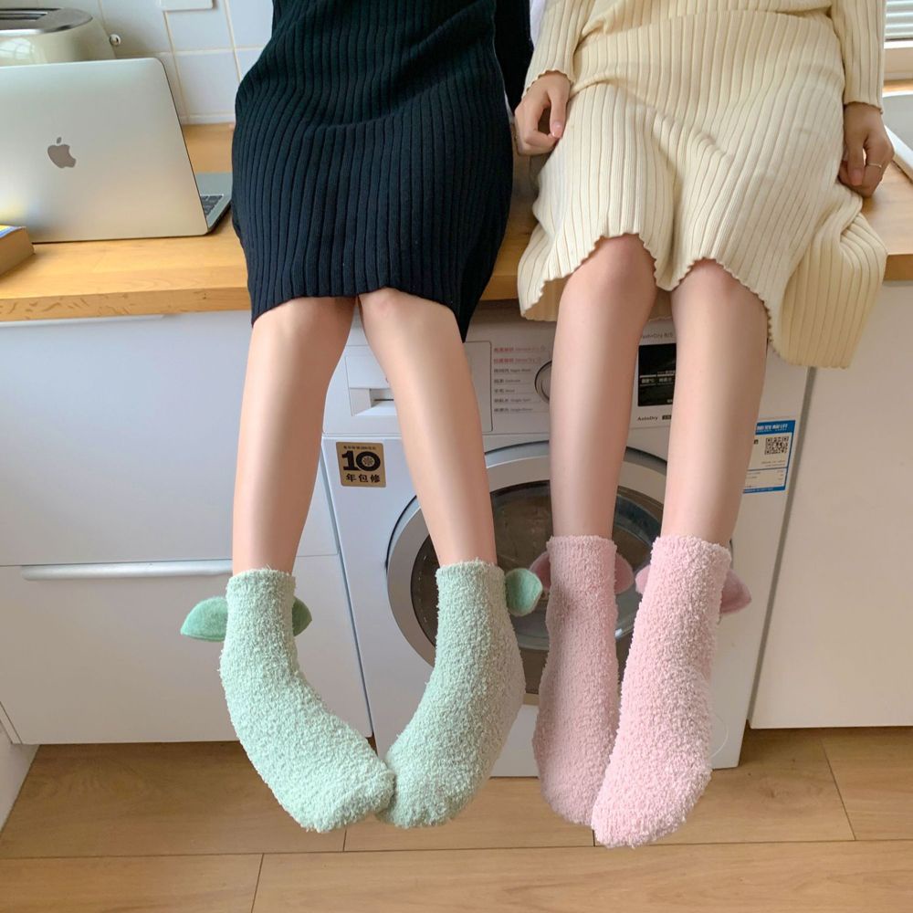 Vớ ngủ TAYLOR1 vải lông cừu san hô dày màu trơn đính nơ đáng yêu giữ ấm nhiều màu sắc cho nữ