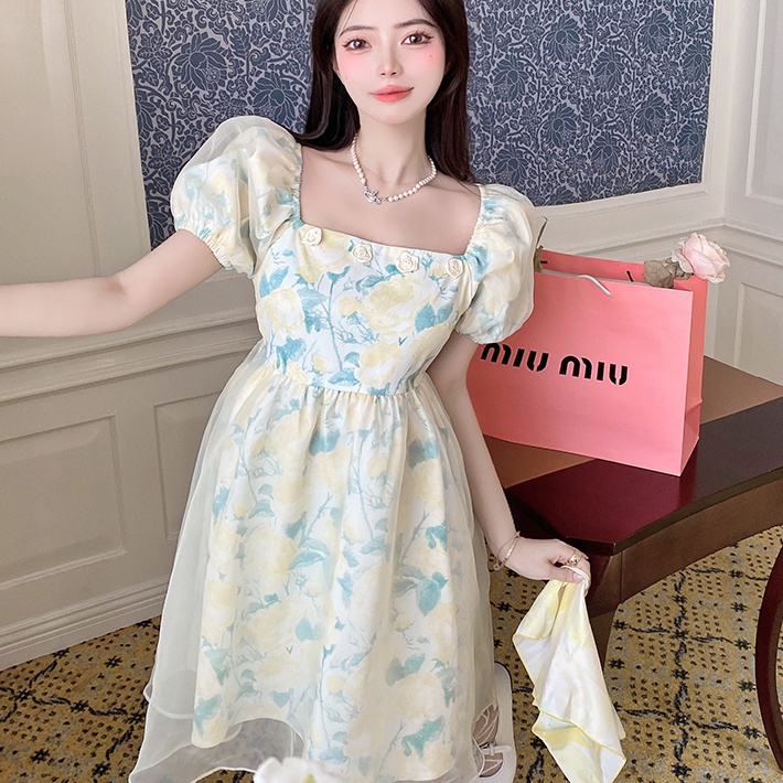 Đầm Perty tay phồng in họa tiết hoa phong cách Hàn Quốc xinh xắn cho nữ