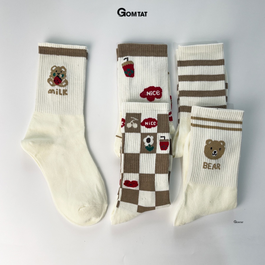 Set 5 đôi tất vớ nữ cổ cao GOMTAT họa tiết dễ thương, chất liệu cotton cao cấp mềm mại - LISU22-CAO-GAUHOAQUA