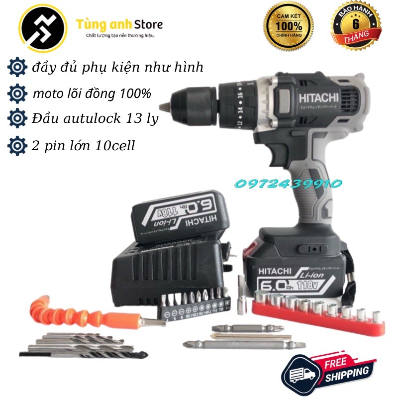 Khoan Pin 3 chức năng HITACHI 118v kèm phụ kiện 29 chi tiết.