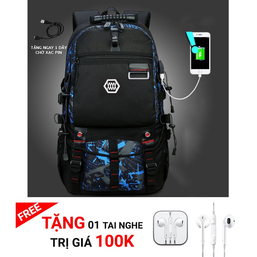 Balo canvas đi học, du lịch HQ-01 ( có cổng USB và tai nghe, chống nước, đựng được sách vở laptop ) Tặng tai nghe 100k