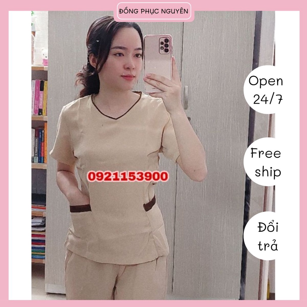 Đồng phục spa màu kem viền nâu