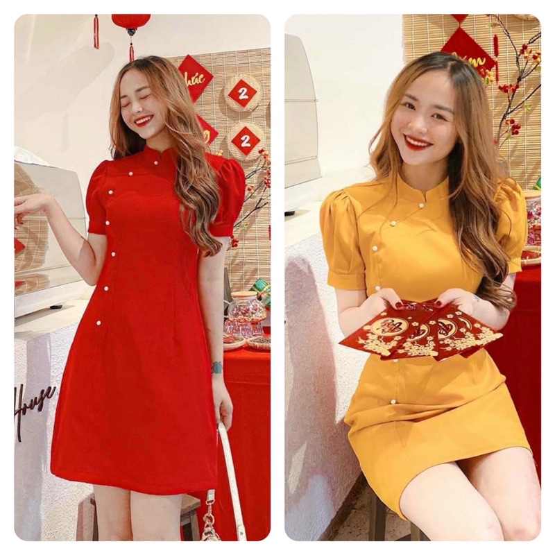 Đầm tết cổ tàu tay bồng phối nút chất tuyết mưa mịn áo dài cách tân