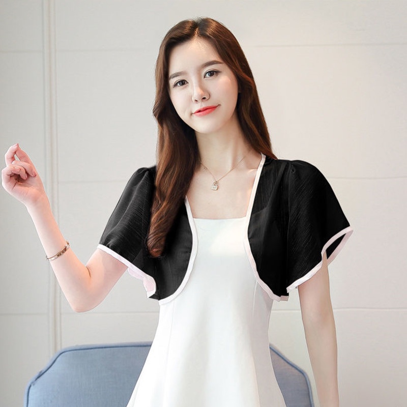 Áo Khoác Voan Ngắn Tay Họa Tiết Kẻ Sọc Thời Trang