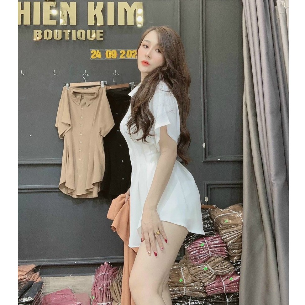 Sét áo sơmi xếp ly eo phom dài cài nút kèm quần
