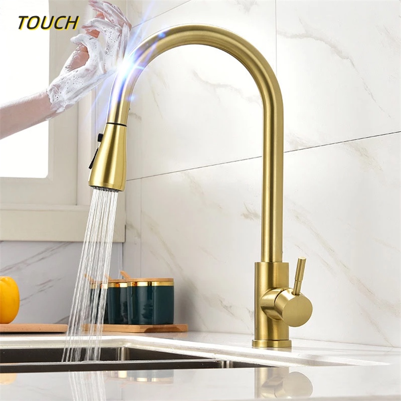 Vòi Nước Cảm Biến Chạm Bằng Thép Không Gỉ 304 Màu Vàng Sang Trọng Cho Nhà Bếp