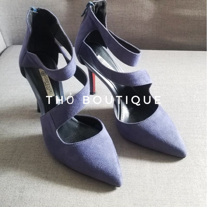 Giày cao gót GDFENDU chính hãng da lộn tím việt quất quai chéo cách điệu 9cm size 35 36 37
