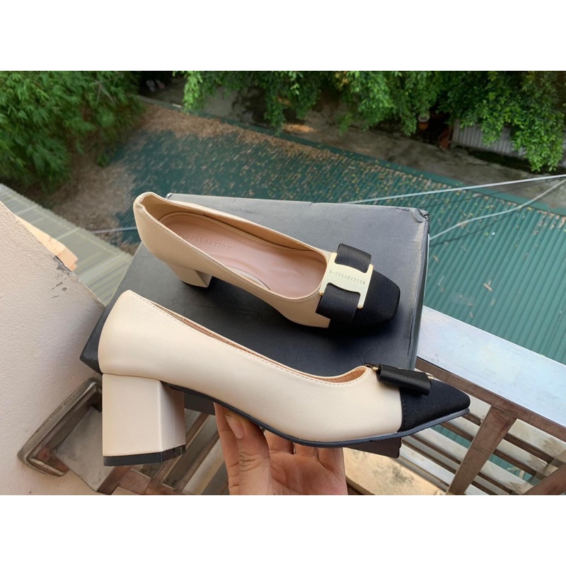 Giầy phối mũi đen nơ vải siêu xinh