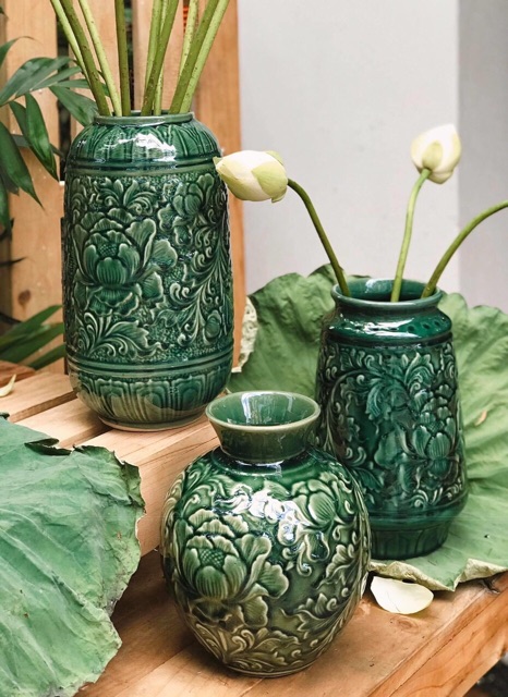 Lọ Hoa Phù Dung Nổi-Men Xanh Ngọc Lưu Ly