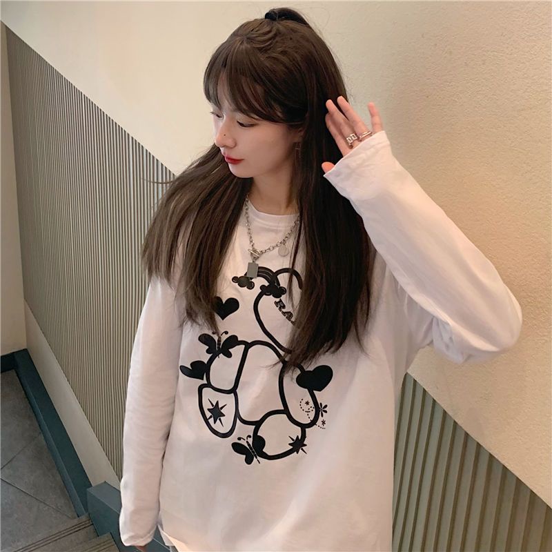 Jiashucheng Áo Thun Tay Dài Cổ Tròn Dáng Rộng In Hình Gấu Dễ Thương Phong Cách Nhật Bản