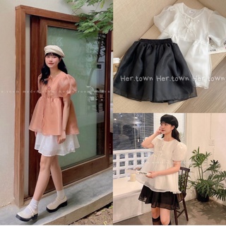 Set áo tơ tiểu thư mix chân váy siêu xinh/Set áo tơ organza dáng babydoll kèm chân váy