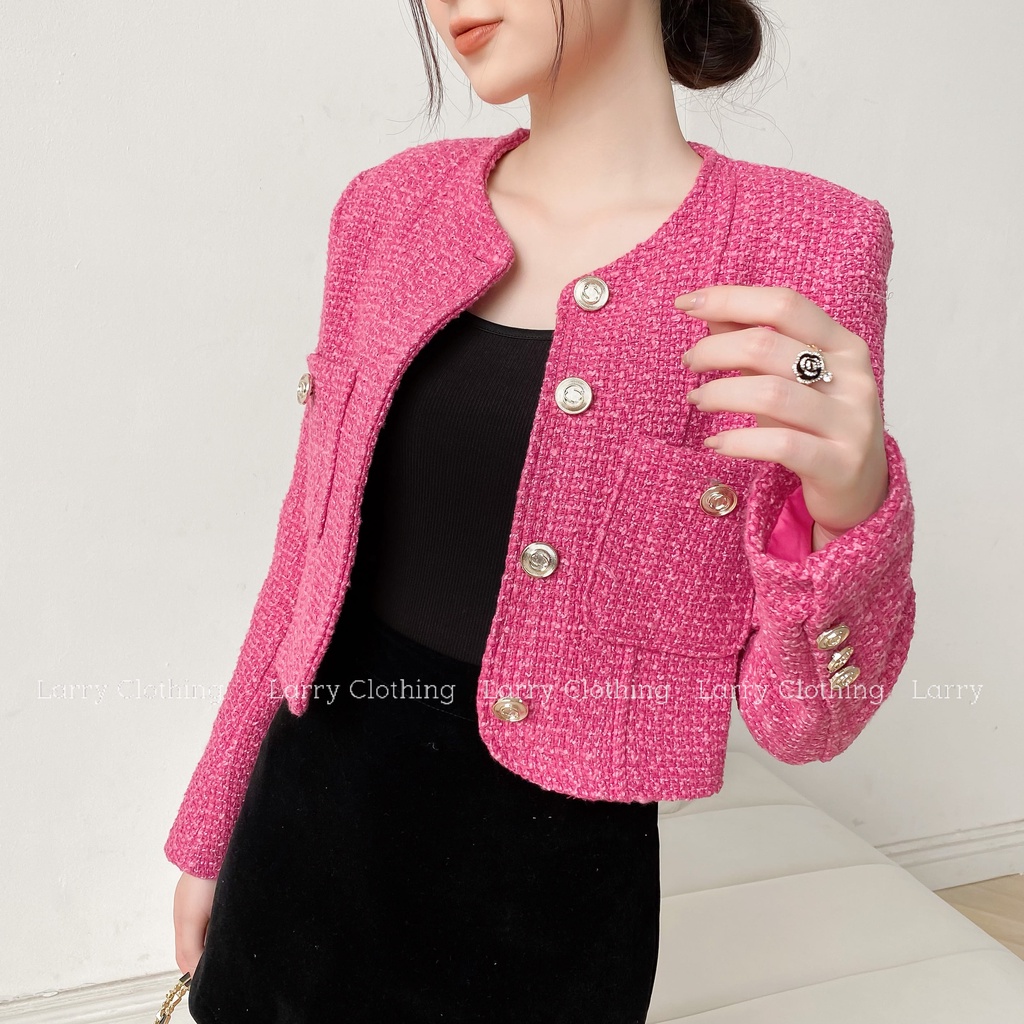 Áo dạ tweed nữ thiết kế tay dài màu hồng cúc to kim loại có túi 2 bên sang chảnh thời trang thiết kế Larry Clothing A753
