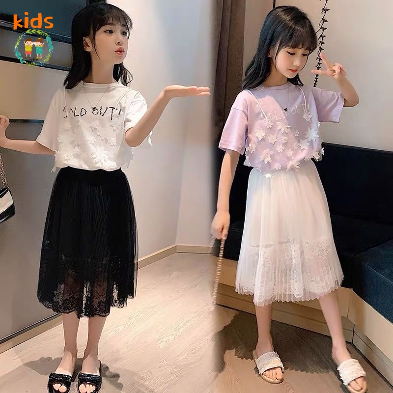 Bộ Áo Thun Cotton + Chân Váy Gạc Màu Trơn Phong Cách Mùa Hè Mới 2022 Cho Bé Gái 3-5 - 8-10 - 12-13 - 15 Tuổi