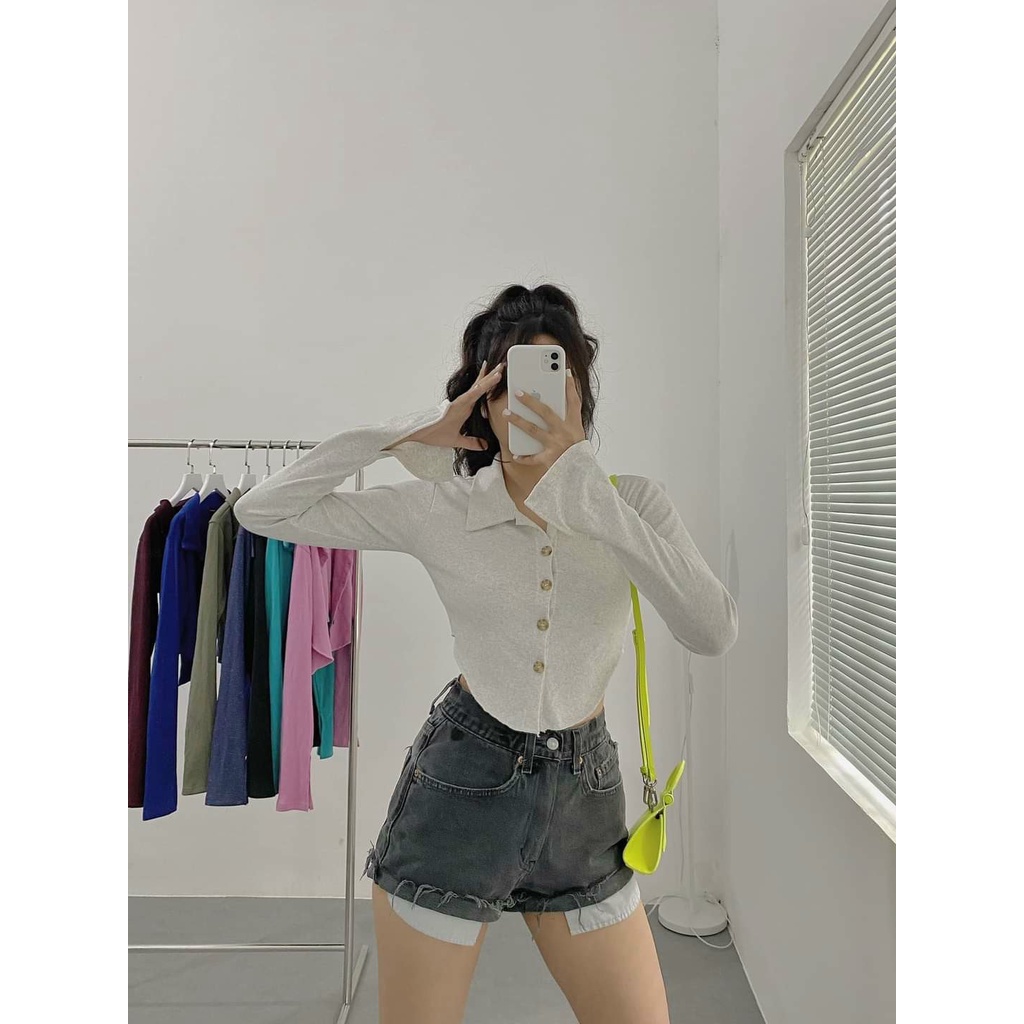 Áo Croptop Vạt Bầu Kiểu Polo Cổ Bẻ Tay Dài A5266