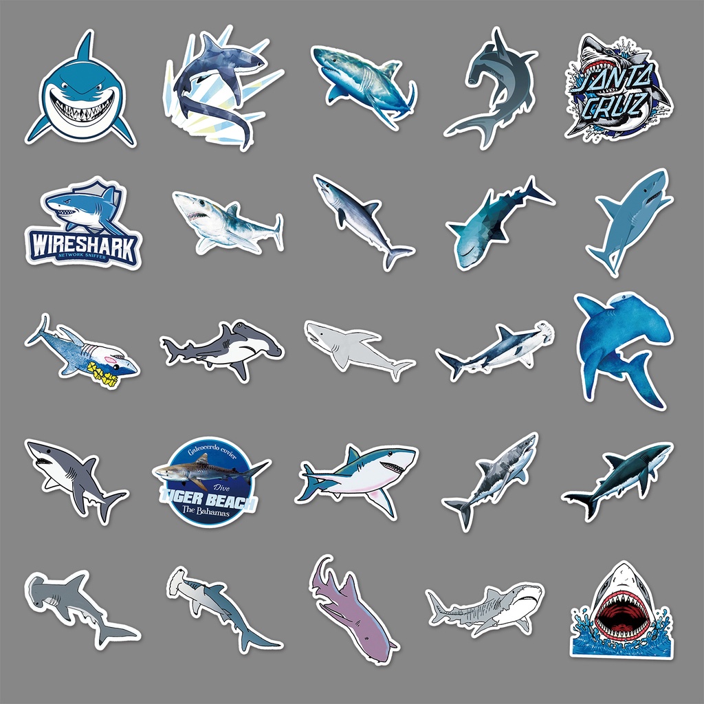 Combo 30 Sticker Chống Nước Decal Dán Điện Thoại Laptop Mũ Bảo Hiểm Vali Đàn Guitar Bình Nước Sổ Tay Shark [CÁ MẬP]