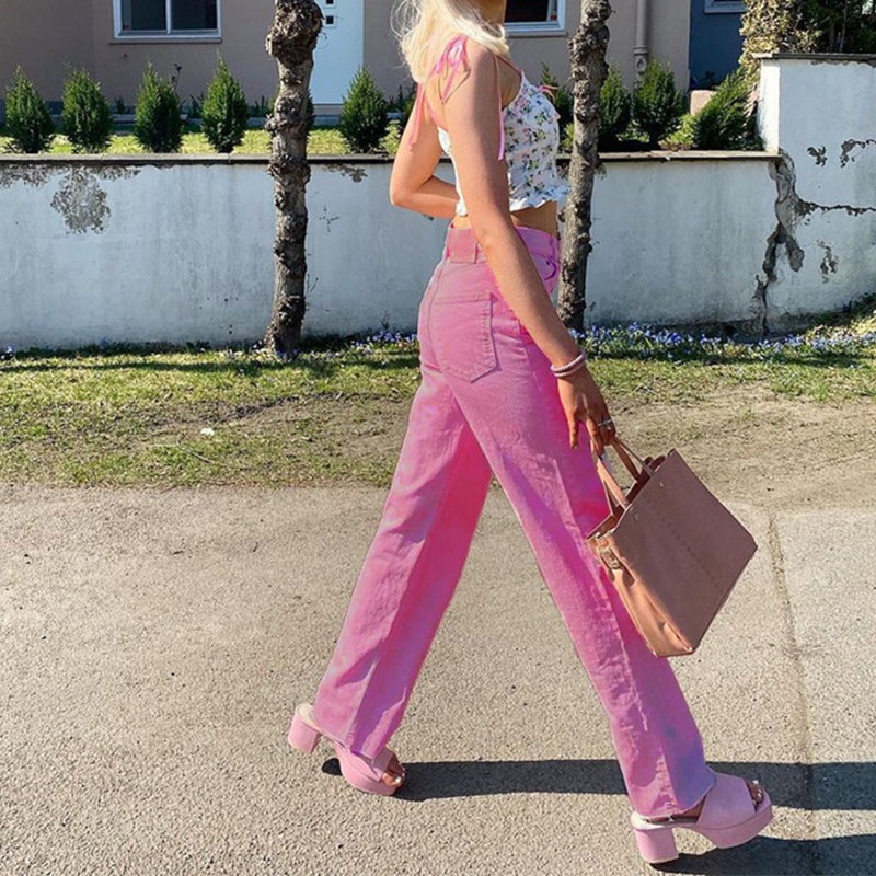 Quần jean lưng cao ống rộng màu sắc vintage dành cho nữ