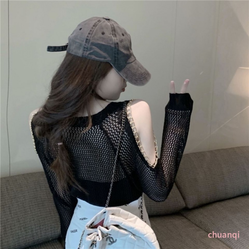 Áo Thun Dệt Kim Mỏng Dáng Rộng Tay Dài Hở Vai Thời Trang Xuân Thu Quyến Rũ Cho Nữ