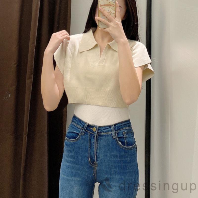 Áo Dệt Kim Tay Ngắn Cổ Chữ V Màu Sắc Đơn Giản Cho Nữ