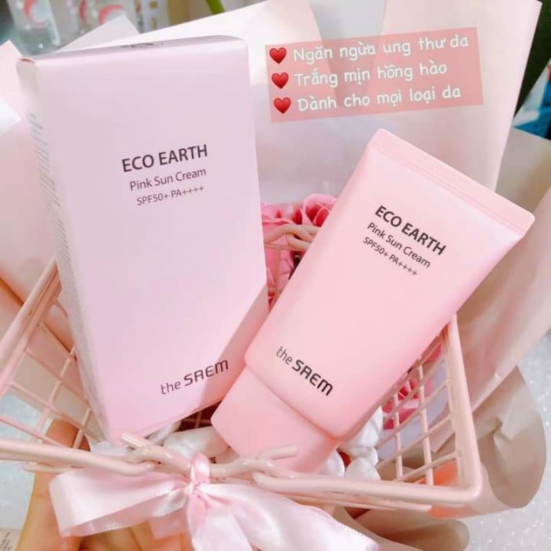 (Mẫu Mới) Kem Chống Nắng The Saem Pink Eco Earth Pink Sun Cream SPF50+ PA++++_(Màu Hồng)