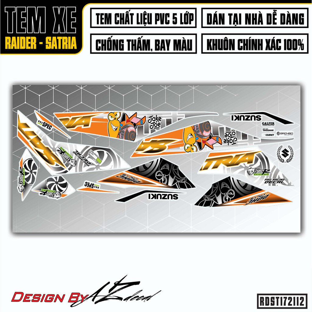 Tem Xe Suzuki Raider/Satria Mẫu Tubo | RDST172112 | Decal PVC Chống Nước, Nhiều Màu Cam, Đen, Trắng, Xanh, Đỏ