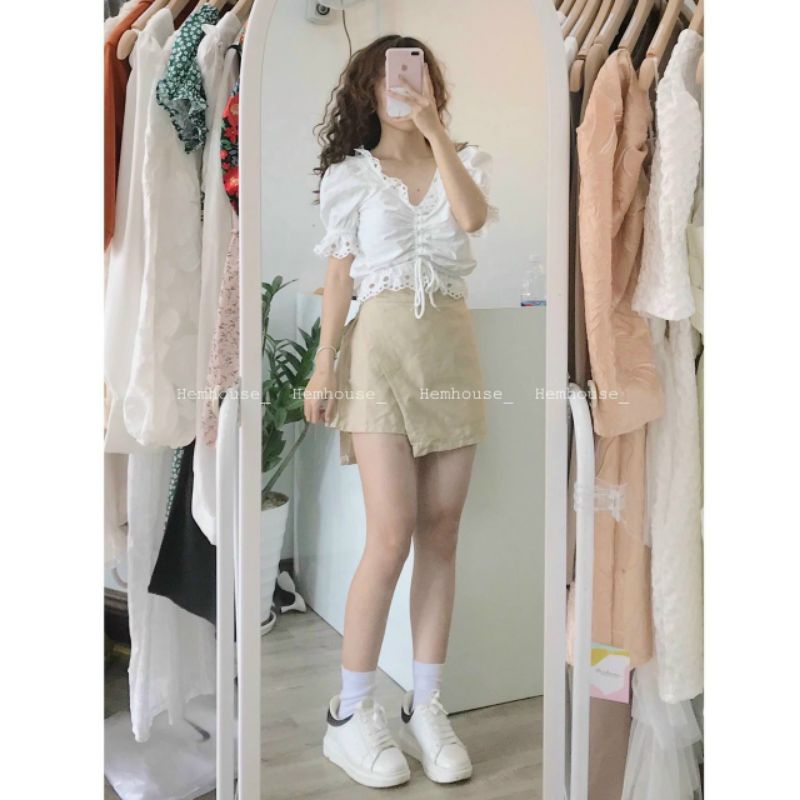Set sơmi thô viền ren croptop mix chân váy, hình thật