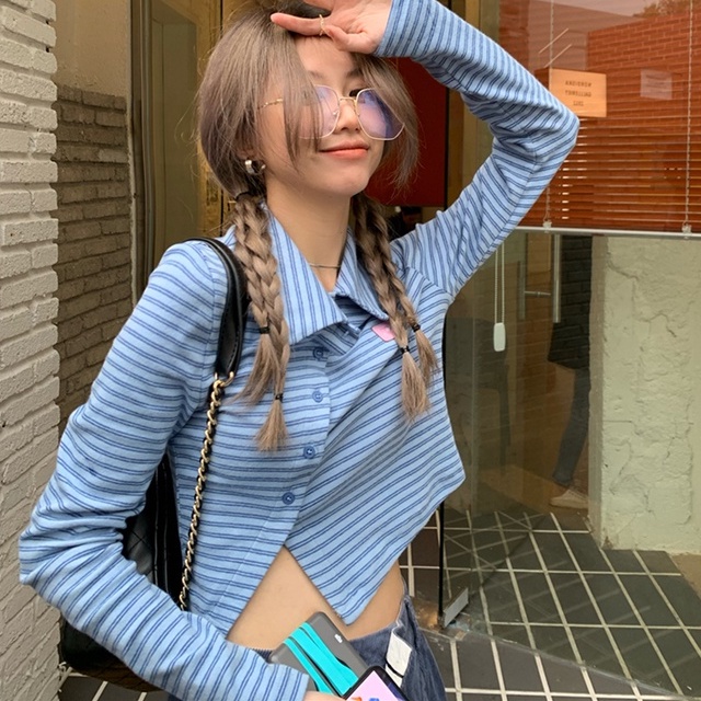 【ZHELIHANGFEI】Áo Sweater Cổ POLO Họa Tiết Kẻ Sọc Thiết Kế Lệch Tà Quyến Rũ