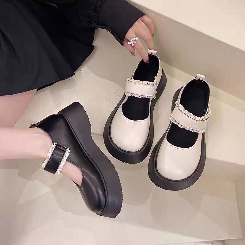 Giày búp bê lolita nữ đế cao phối quai ren cài ulzzang mũi tròn JAENIA GD008
