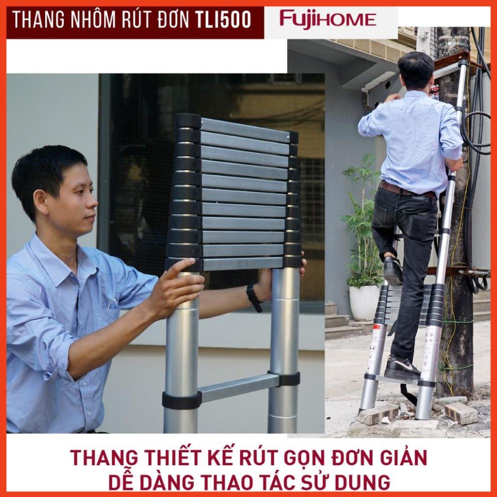 Thang nhôm rút đơn FUJIHOME 3,8M - 5M gấp gọn chính hãng, thang rút xếp gọn gia đình đa năng Nhập Khẩu Nhật Bản