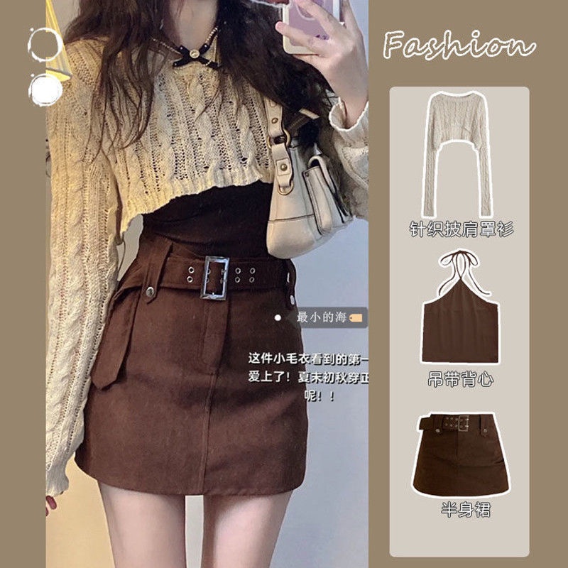 Áo croptop len nữ+váy ngắn chữ a