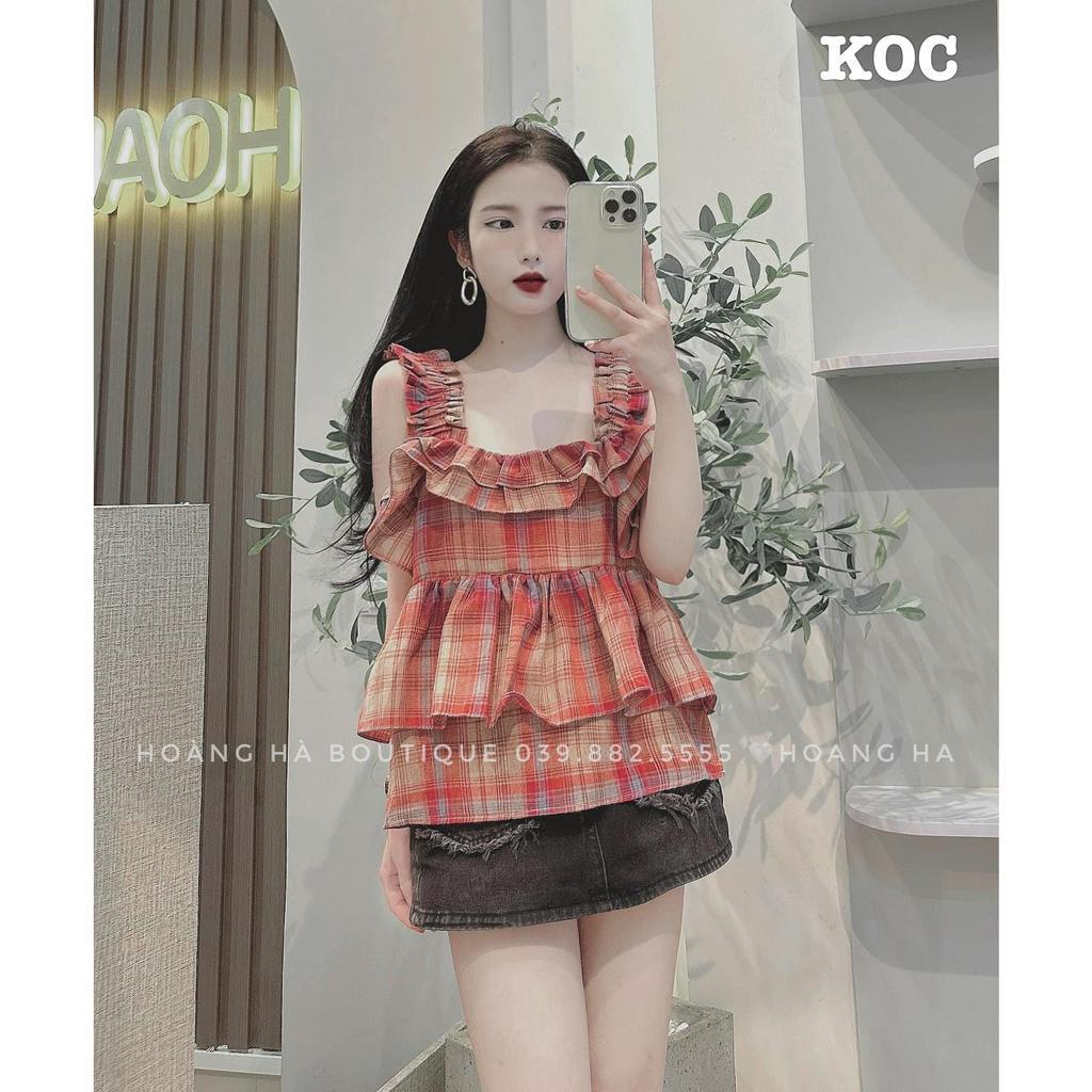 Áo Kẻ Caro Đỏ 2 Dây Bản To Bèo Tầng Áo 2s Viền Bèo Ngực Freesize