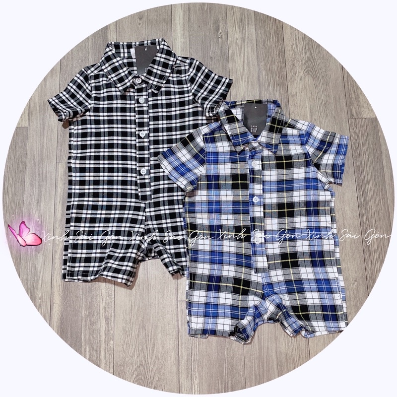 6-24m Bộ áo liền quần/ Body đùi sơ mi kẻ caro Gap xịn cho bé
