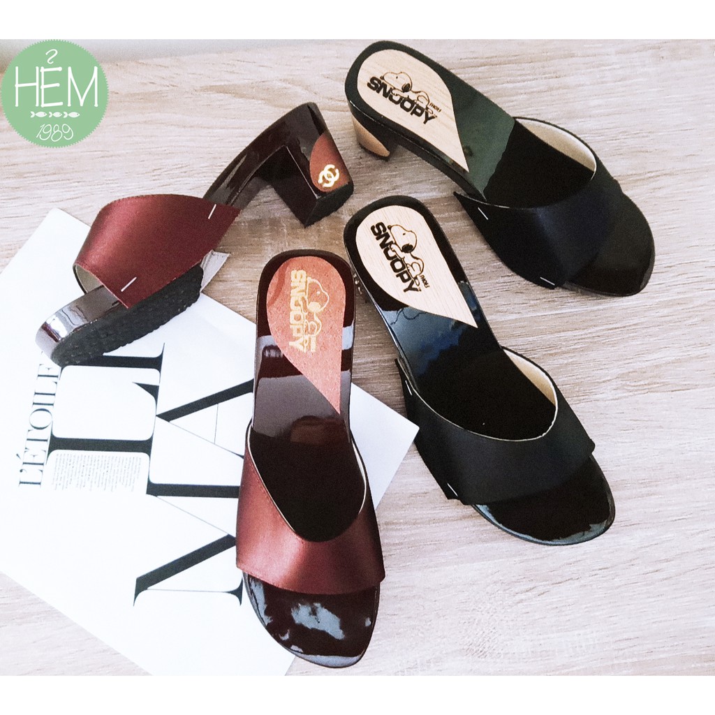 Guốc gỗ gót vuông 6 phân snoopy, quai vải nhiều mẫu