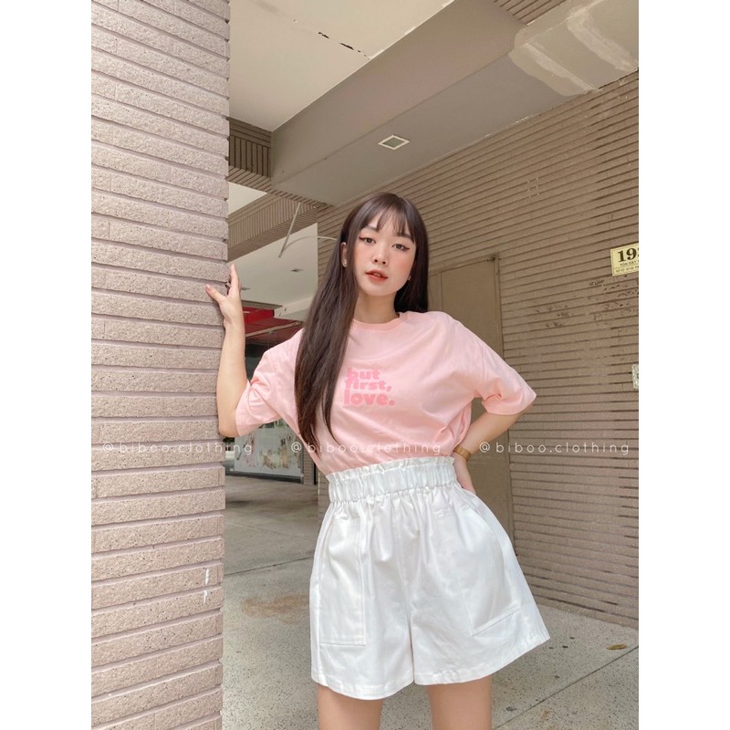 BIBOO - Áo thun tay ngắn in chữ BUT FIRST, LOVE