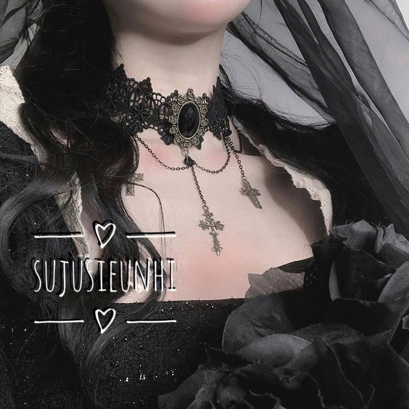 (có video) Vòng cổ choker Gothic lolita 3 chữ thập đen